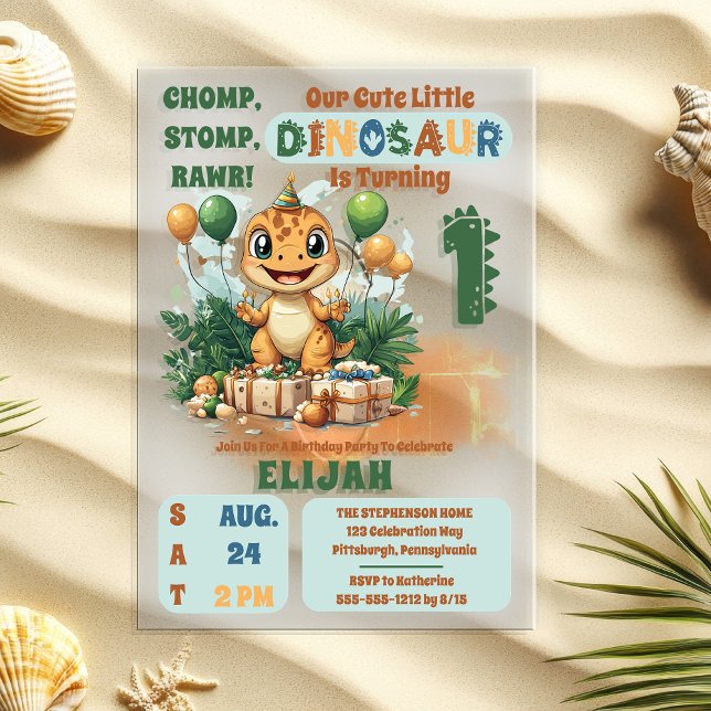 Cute Little Dinosaur Boy 1st Birthday Party Acrylic Invitations ("Chomp, Stomp, Rawr!" "Our Cute Little Dinosaur Is Turning 1" 1st Birthday Party Acrylic Invitation)