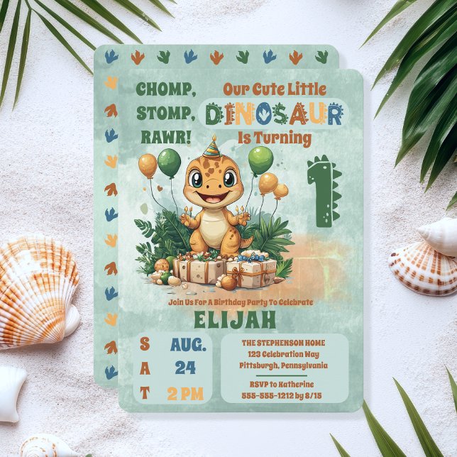 Cute Little Dinosaur Boy 1st Birthday Party Invitation ("Chomp, Stomp, Rawr!" "Our Cute Little Dinosaur Is Turning 1" 1st Birthday Party Invitation)