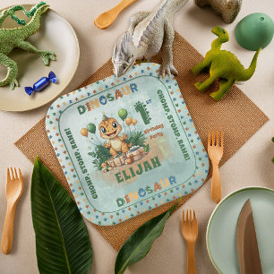 Cute Little Dinosaur Boy 1st Birthday Party Paper Plate