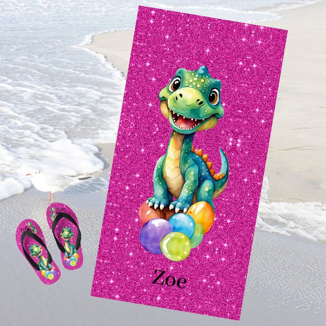Cute little dinosaur with lots of colourful balloo beach towel (Creator Uploaded)