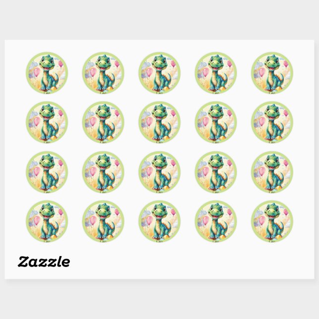 Cute little dinosaur with lots of colourful balloo classic round sticker (Sheet)