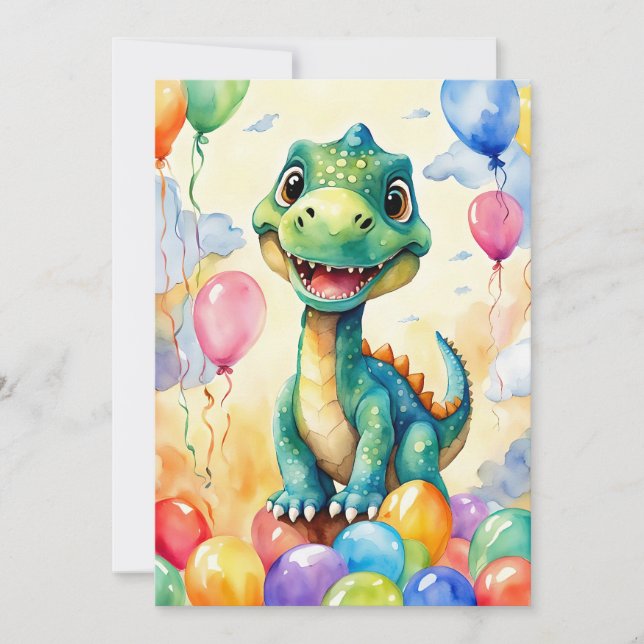 Cute little dinosaur with lots of colourful balloo invitation (Front)