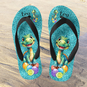 Cute little dinosaur with lots of colourful balloo kid's jandals