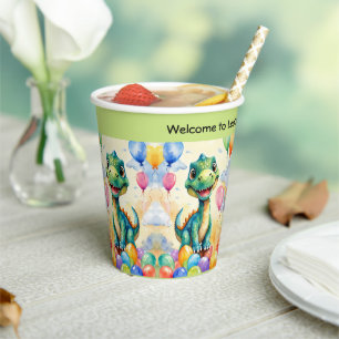 Cute little dinosaur with lots of colourful balloo paper cups