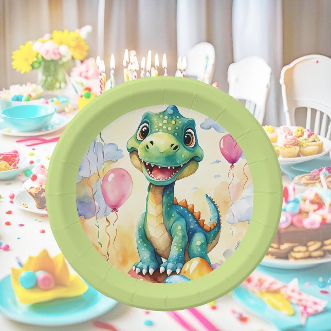 Cute little dinosaur with lots of colourful balloo paper plate (Creator Uploaded)