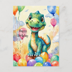 Cute little dinosaur with lots of colourful balloo postcard