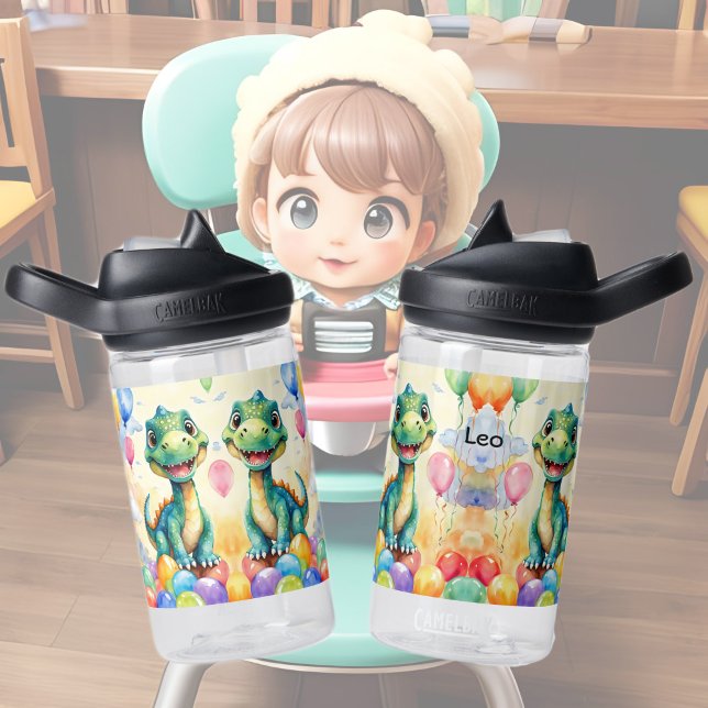 Cute little dinosaur with lots of colourful balloo water bottle (Creator Uploaded)