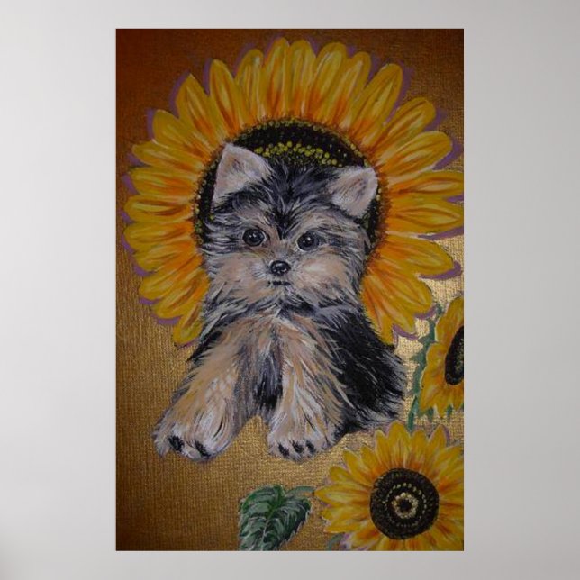 Cute Little Dog and Sunflowers Poster (Front)