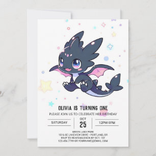 Cute Little Dragon 1st Birthday Invitation