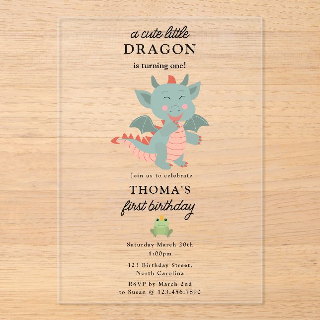 Cute Little Dragon Boy Kids Birthday Party Acrylic Invitations (Front)