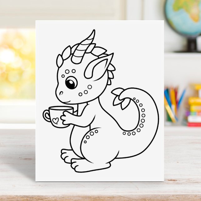 Cute Little Dragon Holding a Cup Colouring Page Rubber Stamp (Creator Uploaded)