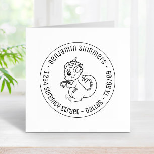 Cute Little Dragon Holding a Cup Round Address Rubber Stamp