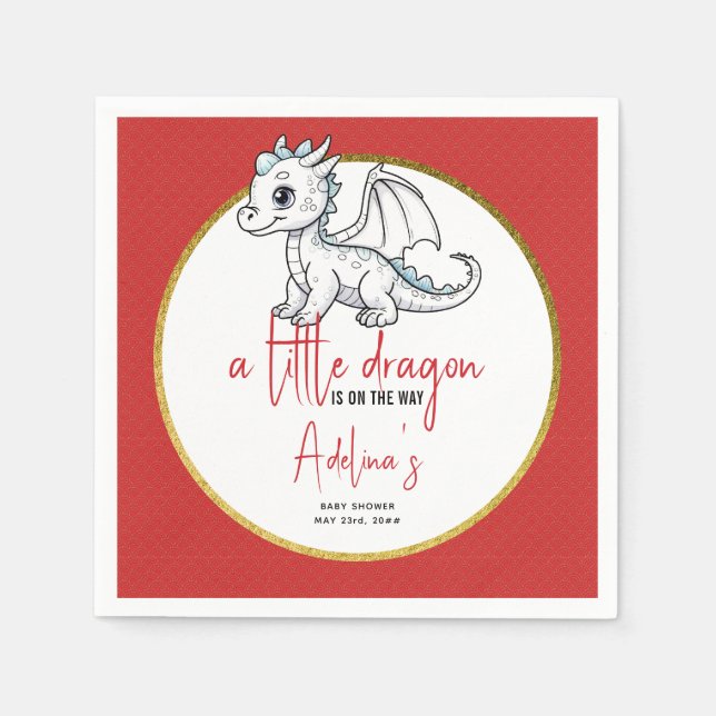 Cute Little Dragon Is On The Way Red Baby Shower Napkin (Front)