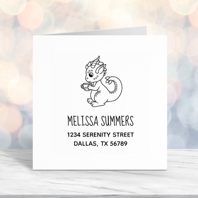 Cute Little Dragon with a Teacup Address Self-inking Stamp (Creator Uploaded)