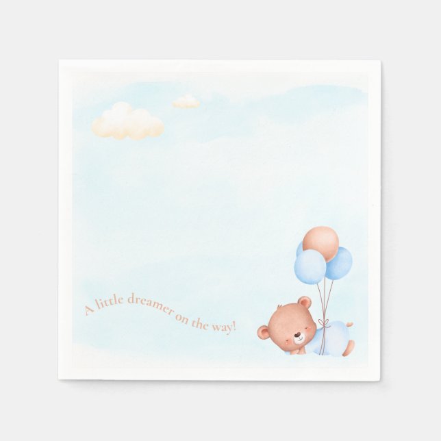 Cute Little Dreamer Blue Teddy Bear Baby Shower Napkin (Front)