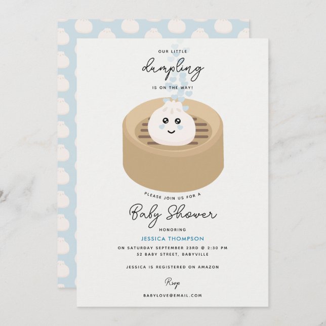 Cute Little Dumpling Blue Hearts Baby Shower Invitation (Front/Back)