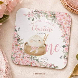 Cute Little Dumpling Cherry Blossoms 1st Birthday Square Paper Coaster