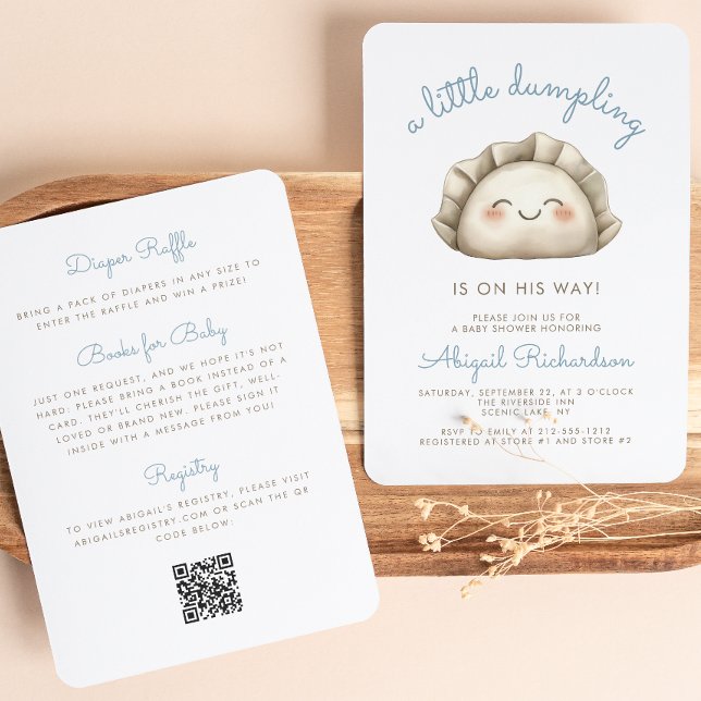Cute Little Dumpling QR Code Blue Boy Baby Shower Invitation (Creator Uploaded)