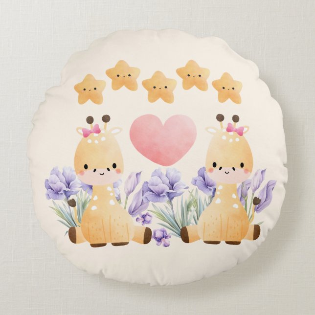 Cute Little Duo Giraffe Round Pillow (Front)