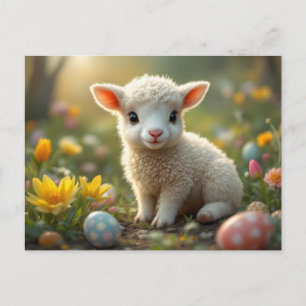Cute little Easter lamb, crocus, Easter eggs, Holiday Postcard