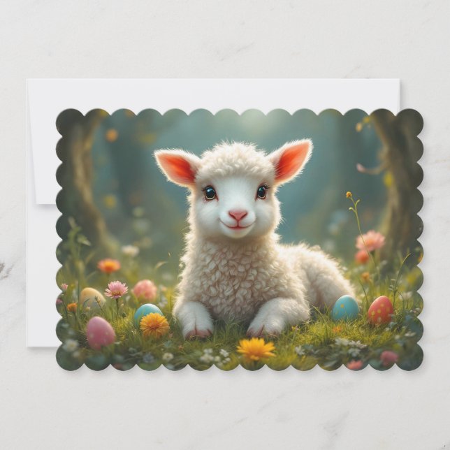 Cute little Easter lamb, forest, Easter eggs Holiday Card (Front)