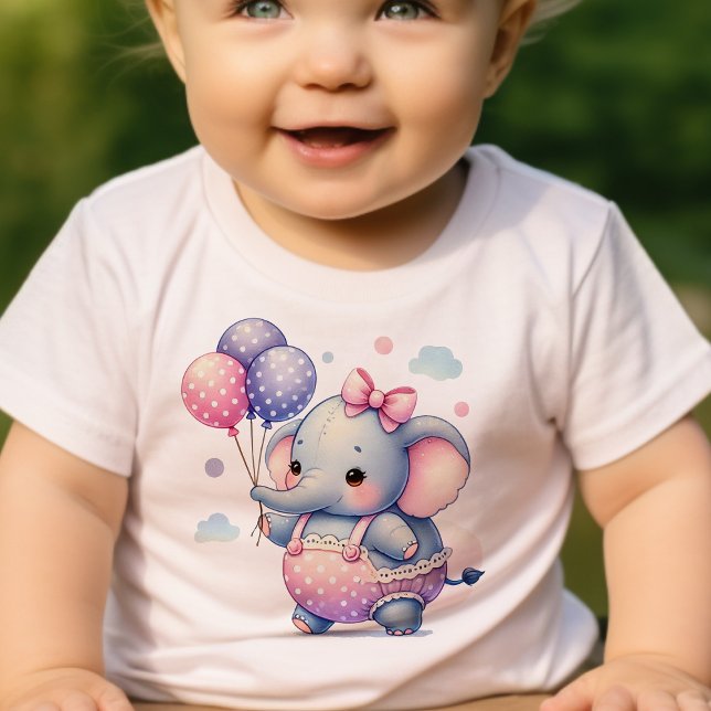 Cute Little Elephant Holding Balloons Birthday  Baby T-Shirt (Creator Uploaded)
