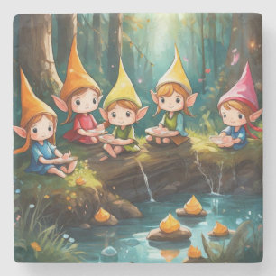 Cute little elves in the river stone coaster