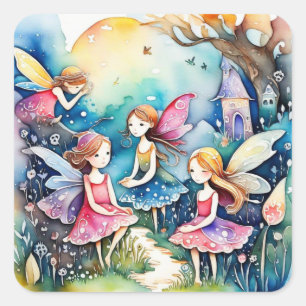 Cute little fairies in the field Card Square Sticker
