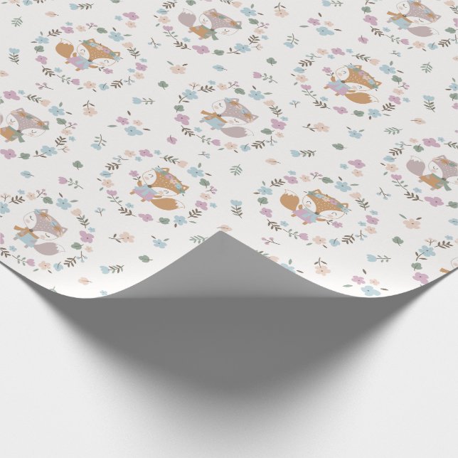 Cute Little Fall Fox with flowers in soft colours Wrapping Paper (Corner)