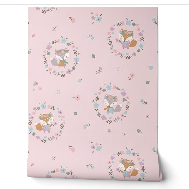 Cute Little Fall Fox with flowers pink Wallpaper (Unrolling)