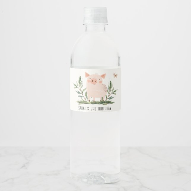 Cute Little Farm Pig Butterfly Kids Birthday Water Bottle Label (Front)