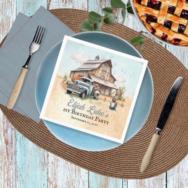 Cute Little Farmer 1st Birthday Party Napkin (Blue Boy 1st Birthday Party Barn | Vintage Truck Paper Napkins)