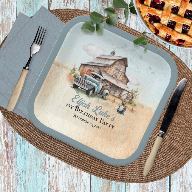 Cute Little Farmer 1st Birthday Party Paper Plate (Blue Boy 1st Birthday Party Barn | Vintage Truck Paper Plates)