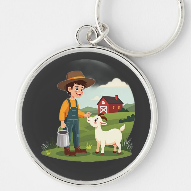 Cute Little Farmer Boy Goat Key Ring (Front)