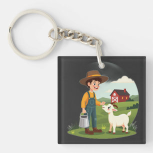 Cute Little Farmer Boy Goat Key Ring