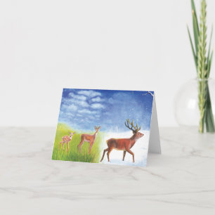 Cute Little Fawn Grows up to Red Deer Illustration Card