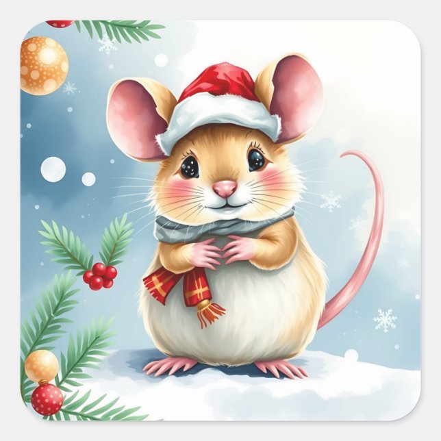 Cute Little Festive Christmas Mouse Square Sticker (Front)