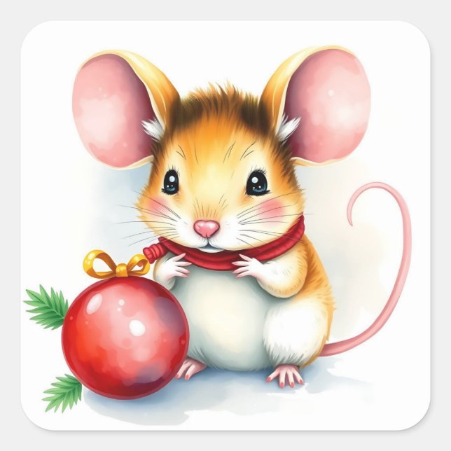 Cute Little Festive Christmas Mouse with Ornament Square Sticker (Front)