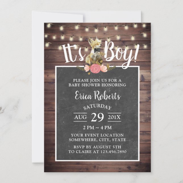 Cute Little Fox Boy Rustic Chalkboard Baby Shower Invitation (Front)