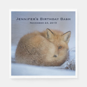 Cute Little Fox Curled Up Winter Photo Birthday Napkin