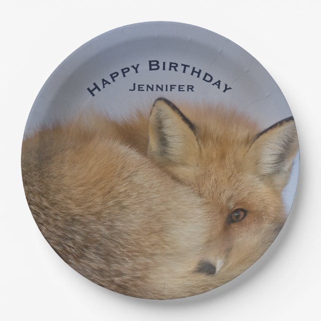 Cute Little Fox Curled Up Winter Photo Birthday Paper Plate (Front)