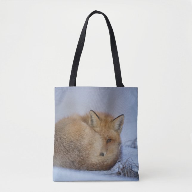 Cute Little Fox Curled Up Winter Photo Tote Bag (Front)