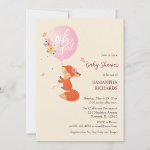 Cute little fox flying with balloon invitation
