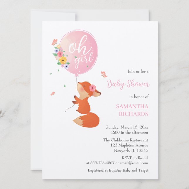 Cute little fox  flying with balloon invitation (Front)