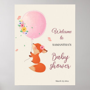 Cute little fox flying with balloon welcome poster