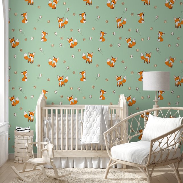 Cute Little Fox Green Pattern Wallpaper (Kids)