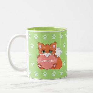 Cute Little Fox Holding a Heart & Paw Pattern Two-Tone Coffee Mug