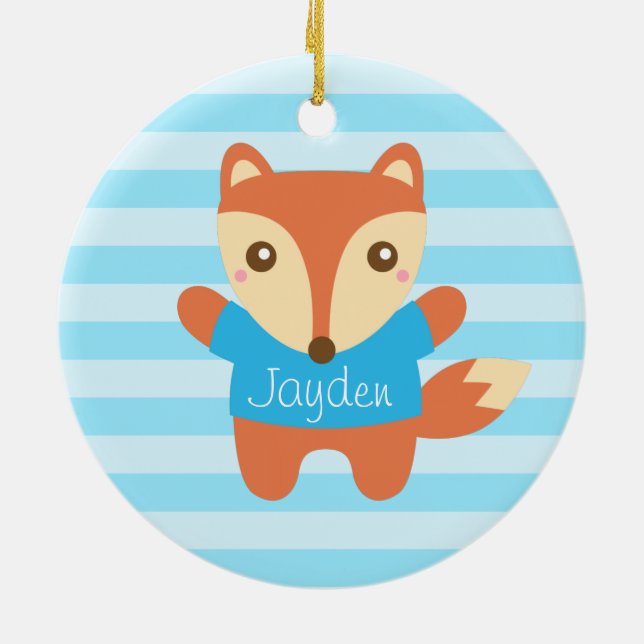 Cute little fox in blue, for Kids Ceramic Tree Decoration (Back)