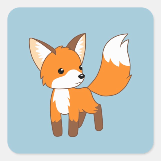 Cute Little Fox on Blue Square Sticker (Front)
