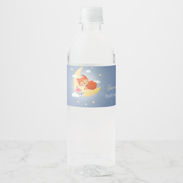 Cute little fox on the moon baby shower water bottle label (Front)